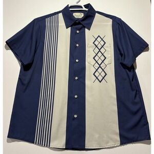 Royaura Hawaiian Mens Shirt XL Blue Tan Short Sleeve Button Up Casual Geo Design